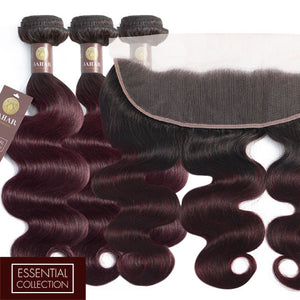 Midnight Red Remy Human Hair Bundle with Frontal / Body Wave Dip Dye