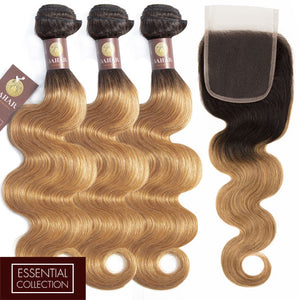 Strawberry Blonde Remy Human Hair Bundle with Closure / Body Wave Dip Dye