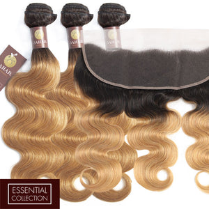 Strawberry Blonde Remy Hair Bundle with Frontal / Body Wave Dip Dye