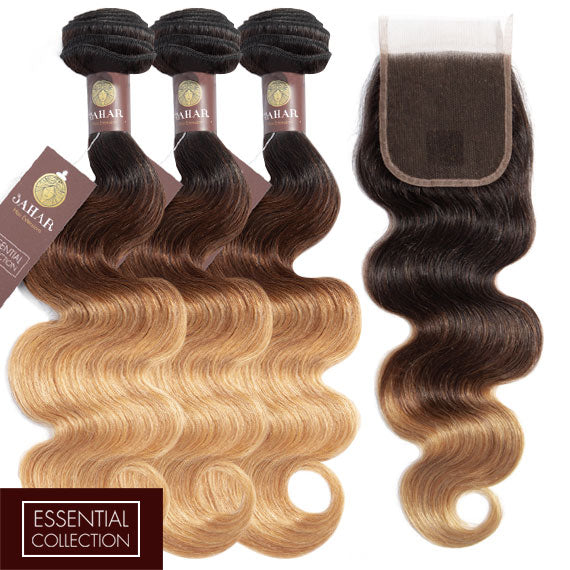 Ombre Chocolate Brown / Strawberry Blonde Remy Hair Bundle with Closure / Body Wave