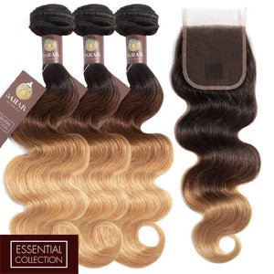 Ombre Chocolate Brown / Strawberry Blonde Remy Hair Bundle with Closure / Body Wave