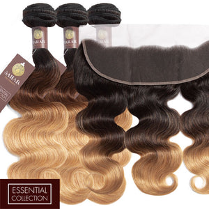 Ombre Chocolate Brown / Strawberry Blonde Remy Hair Bundle with Frontal / Body Wave