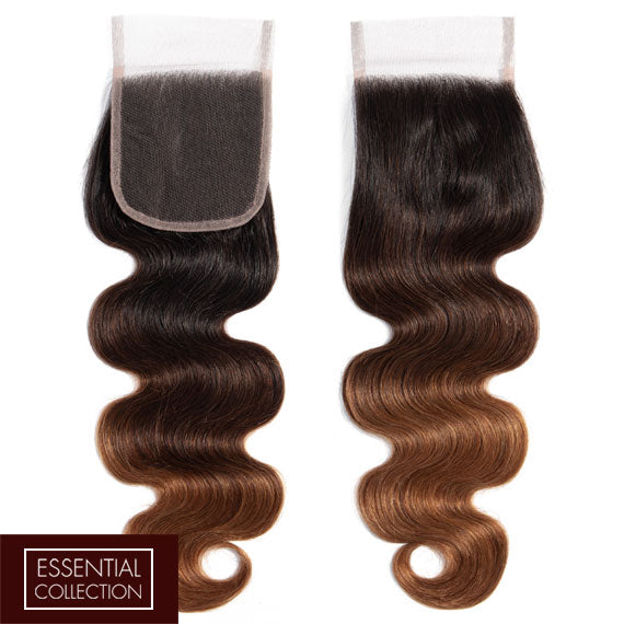 Ombre Chocolate Brown / Auburn Remy Hair Closure 4x4 Inch Body Wave - Free Part