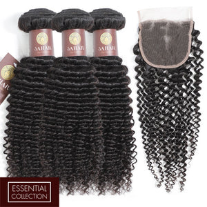 Deep Curls Virgin Human Hair Bundle with 4x4 Closure / 8A Natural Black