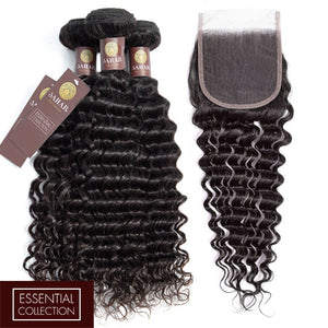 Deep Wave Virgin Human Hair Bundle with 4x4 Closure / 8A Natural Black