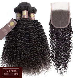Jerry Curl Virgin Human Hair Bundle with 4x4 Closure / 8A Natural Black