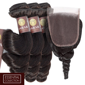 Loose Wave Virgin Human Hair Bundle with 4x4 Closure / 8A Natural Black