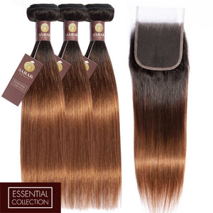 Ombre Chocolate Brown / Auburn Remy Hair Bundle with Closure / Straight