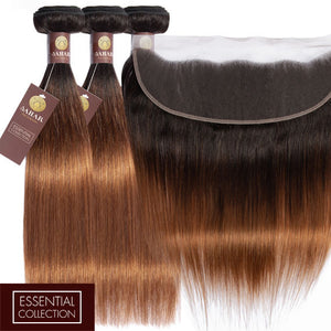 Ombre Chocolate Brown / Auburn Remy Hair Bundle with Frontal / Straight