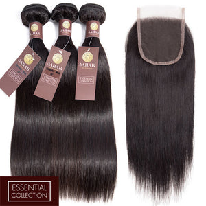Straight Virgin Human Hair Bundle with 4x4 Closure / 8A Natural Black