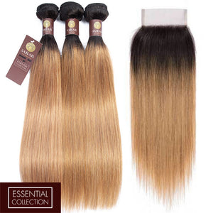Strawberry Blonde Remy Human Hair Bundle with Closure / Straight Dip Dye