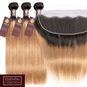 Strawberry Blonde Remy Hair Bundle with Frontal / Straight Dip Dye