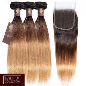 Ombre Chocolate Brown / Strawberry Blonde Remy Hair Bundle with Closure / Straight