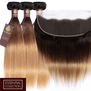 Ombre Chocolate Brown / Strawberry Blonde Remy Hair Bundle with Frontal / Straight