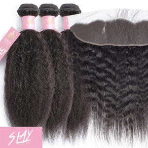 Kinky Straight Human Hair Bundle with Frontal / 6A Black