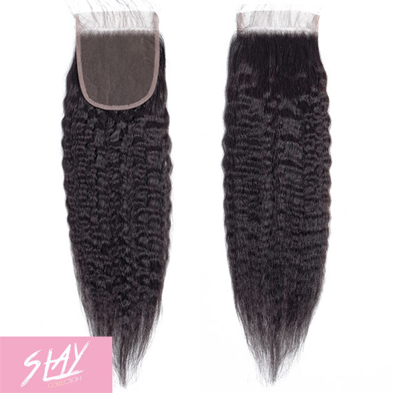 Kinky Straight Human Hair Lace Closure 4x4 Inch Free Part / 6A Black