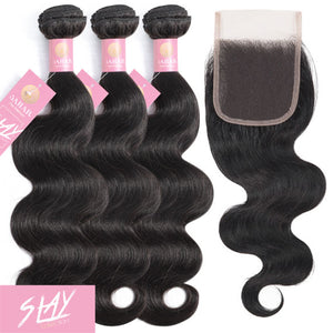 Body Wave Human Hair Bundle with Closure / 6A Black
