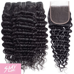Deep Wave Human Hair Bundle with Closure / 6A Black