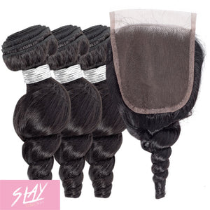 Loose Wave Human Hair Bundle with Closure / 6A Black