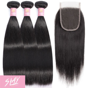 Straight Human Hair Bundle with Closure / 6A Black
