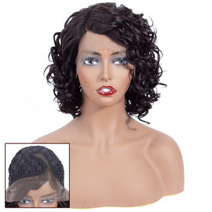 Aisha Short Curly Bob Human Hair Wig with Lace Side Parting Natural Black