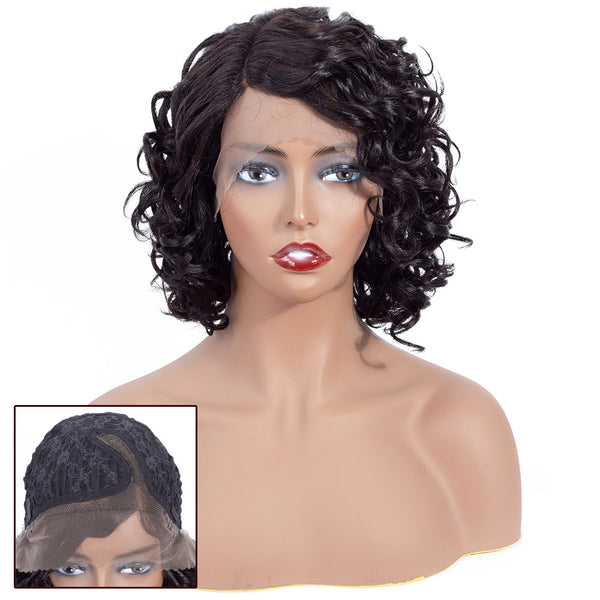 Aisha Short Curly Bob Human Hair Wig with Lace Side Parting Natural Black