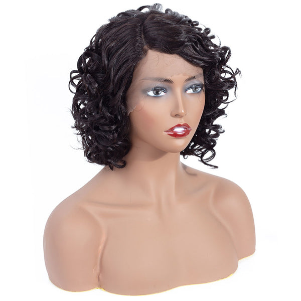 Aisha Short Curly Bob Human Hair Wig with Lace Side Parting Natural Black