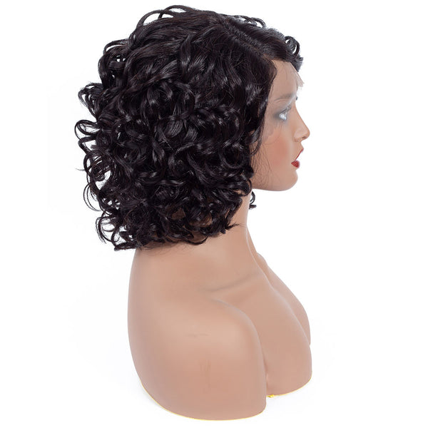 Aisha Short Curly Bob Human Hair Wig with Lace Side Parting Natural Black