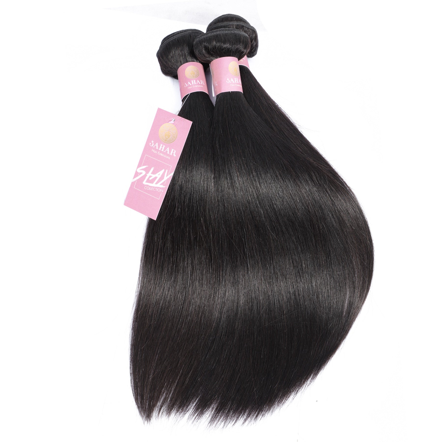 Three real Sahar Slay straight hair bundles with branded labels